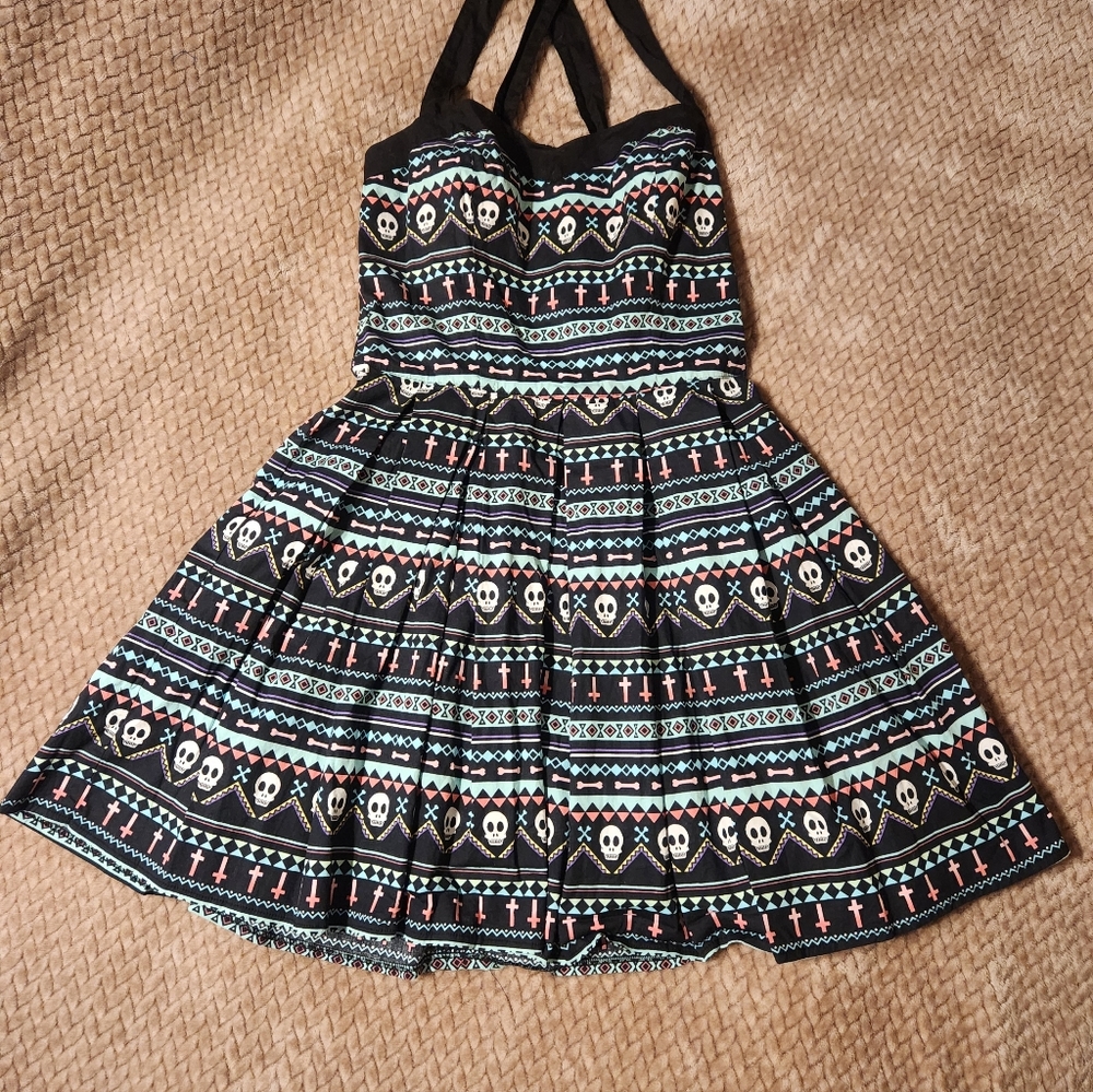 Hell Bunny Black and Blue and Pink Patterned Dress Skulls/Bones/Cross